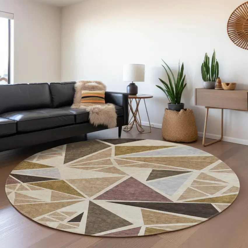 8' Beige Brown And Mauve Geometric Washable Round Rug With UV Protection Photo 4