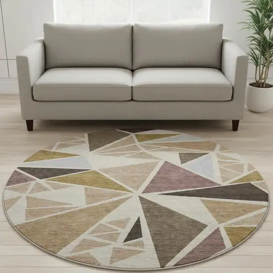 8' Beige Brown And Mauve Geometric Washable Round Rug With UV Protection Photo 2