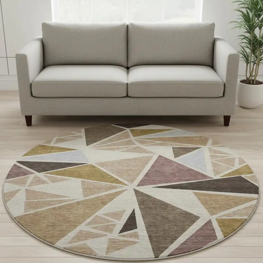 8' Beige Brown And Mauve Geometric Washable Round Rug With UV Protection Photo 2