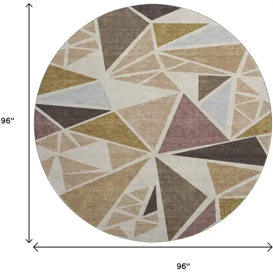 8' Beige Brown And Mauve Geometric Washable Round Rug With UV Protection Photo 9