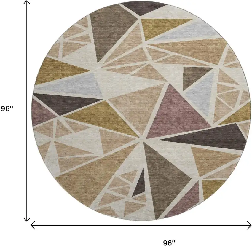 8' Beige Brown And Mauve Geometric Washable Round Rug With UV Protection Photo 9