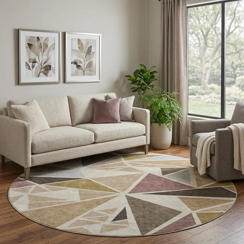8' Beige Brown And Mauve Geometric Washable Round Rug With UV Protection Photo 1