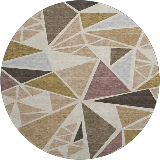 8' Beige Brown And Mauve Geometric Washable Round Rug With UV Protection Photo 1