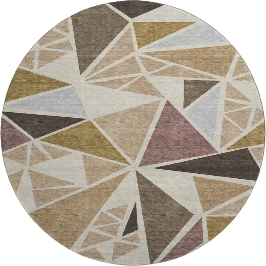 8' Beige Brown And Mauve Geometric Washable Round Rug With UV Protection Photo 1