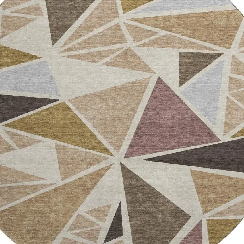 8' Beige Brown And Mauve Geometric Washable Round Rug With UV Protection Photo 2