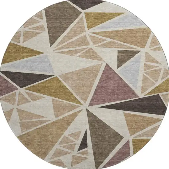 8' Beige Brown And Mauve Geometric Washable Round Rug With UV Protection Photo 3