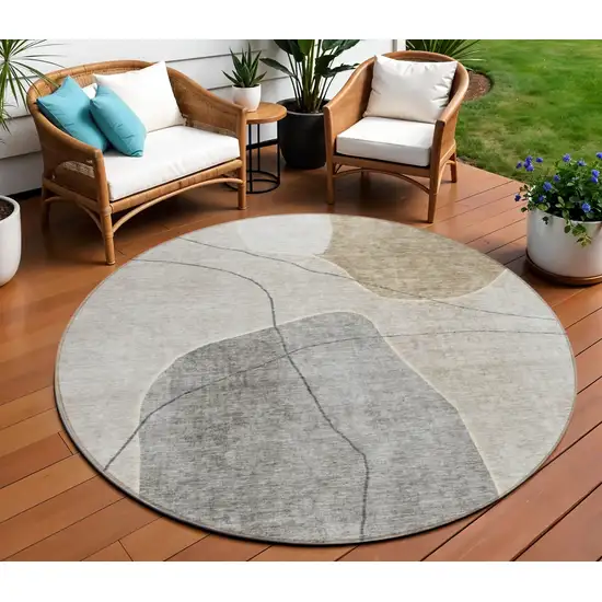 8' Beige Brown And Taupe Round Abstract Washable Indoor Outdoor Area Rug Photo 1