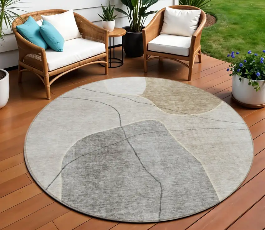 8' Beige Brown And Taupe Round Abstract Washable Indoor Outdoor Area Rug Photo 1