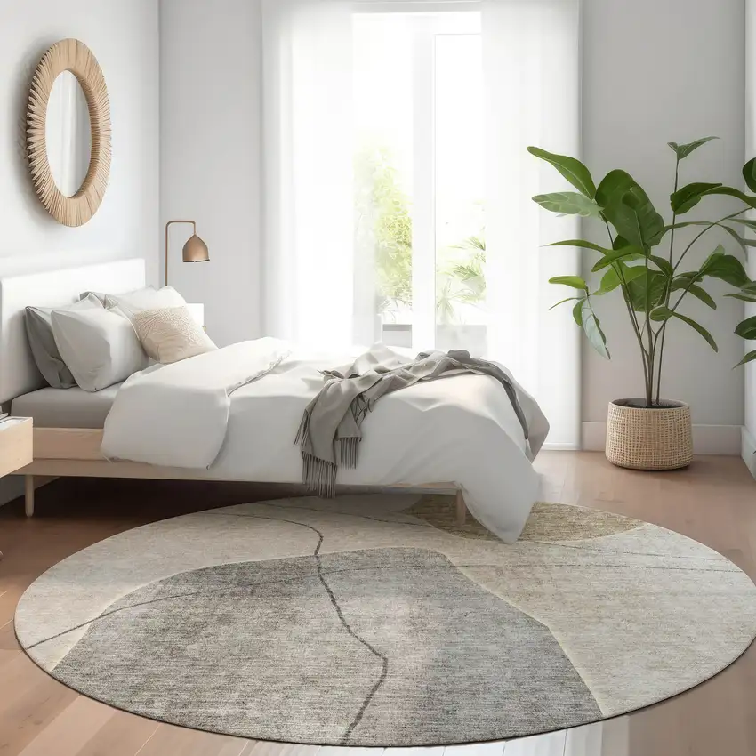8' Beige Brown And Taupe Round Abstract Washable Indoor Outdoor Area Rug Photo 8