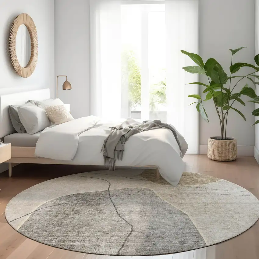 8' Beige Brown And Taupe Round Abstract Washable Indoor Outdoor Area Rug Photo 8