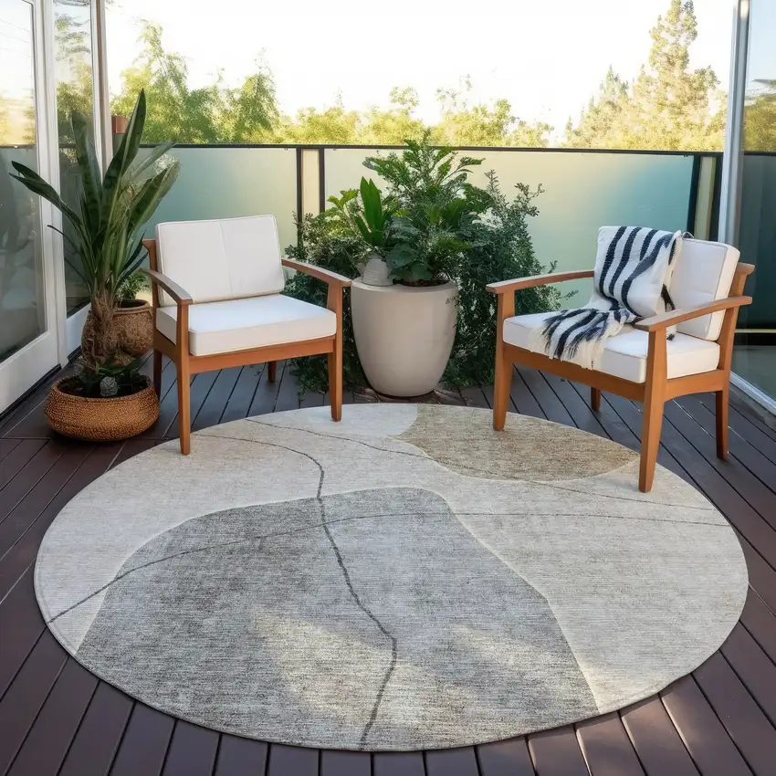 8' Beige Brown And Taupe Round Abstract Washable Indoor Outdoor Area Rug Photo 7