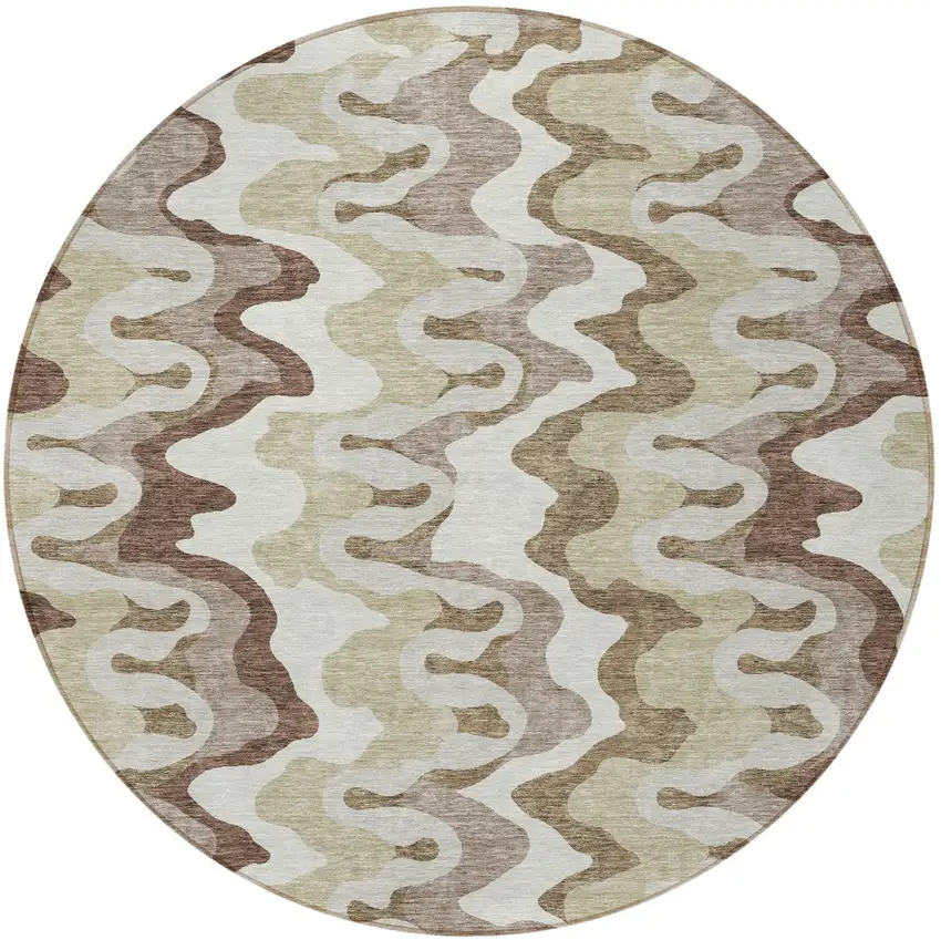 8' Beige Brown And Taupe Round Abstract Washable Indoor Outdoor Area Rug Photo 4