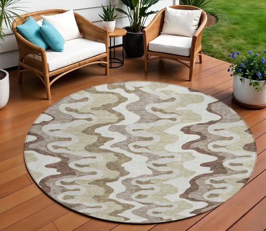 8' Beige Brown And Taupe Round Abstract Washable Indoor Outdoor Area Rug Photo 1