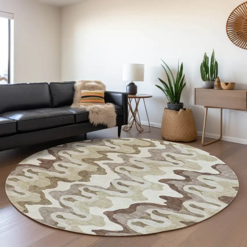 8' Beige Brown And Taupe Round Abstract Washable Indoor Outdoor Area Rug Photo 6