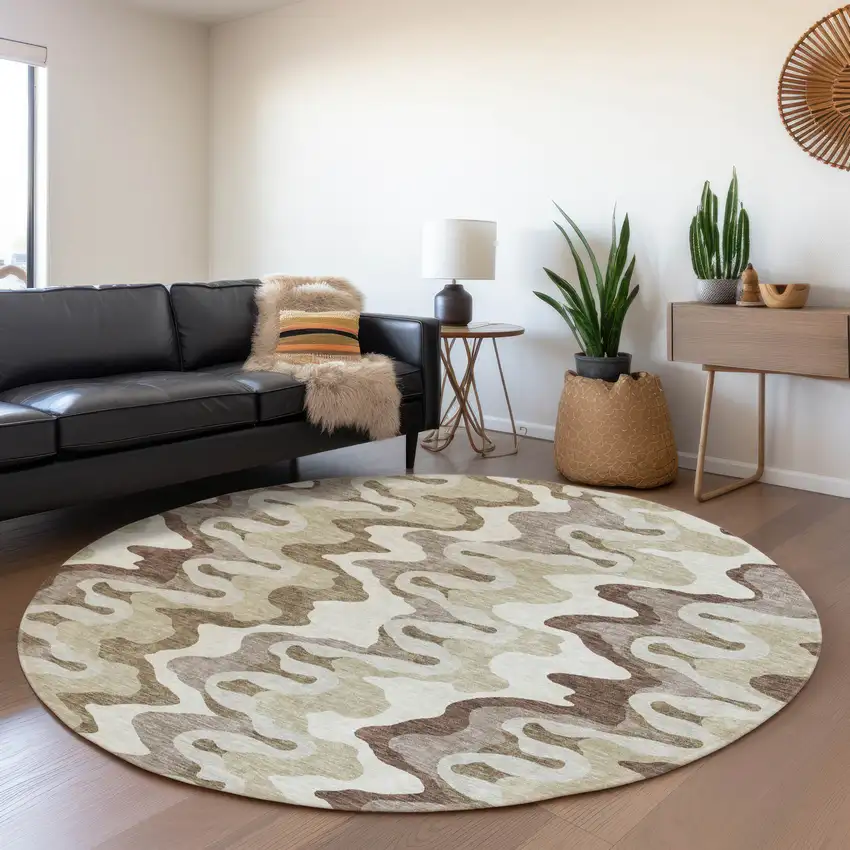 8' Beige Brown And Taupe Round Abstract Washable Indoor Outdoor Area Rug Photo 6