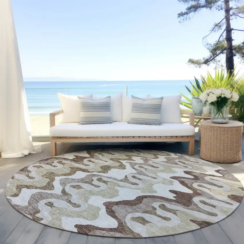 8' Beige Brown And Taupe Round Abstract Washable Indoor Outdoor Area Rug Photo 5