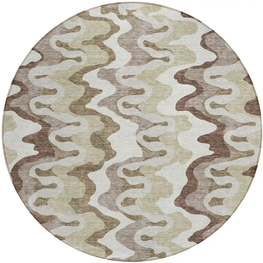 8' Beige Brown And Taupe Round Abstract Washable Indoor Outdoor Area Rug Photo 1