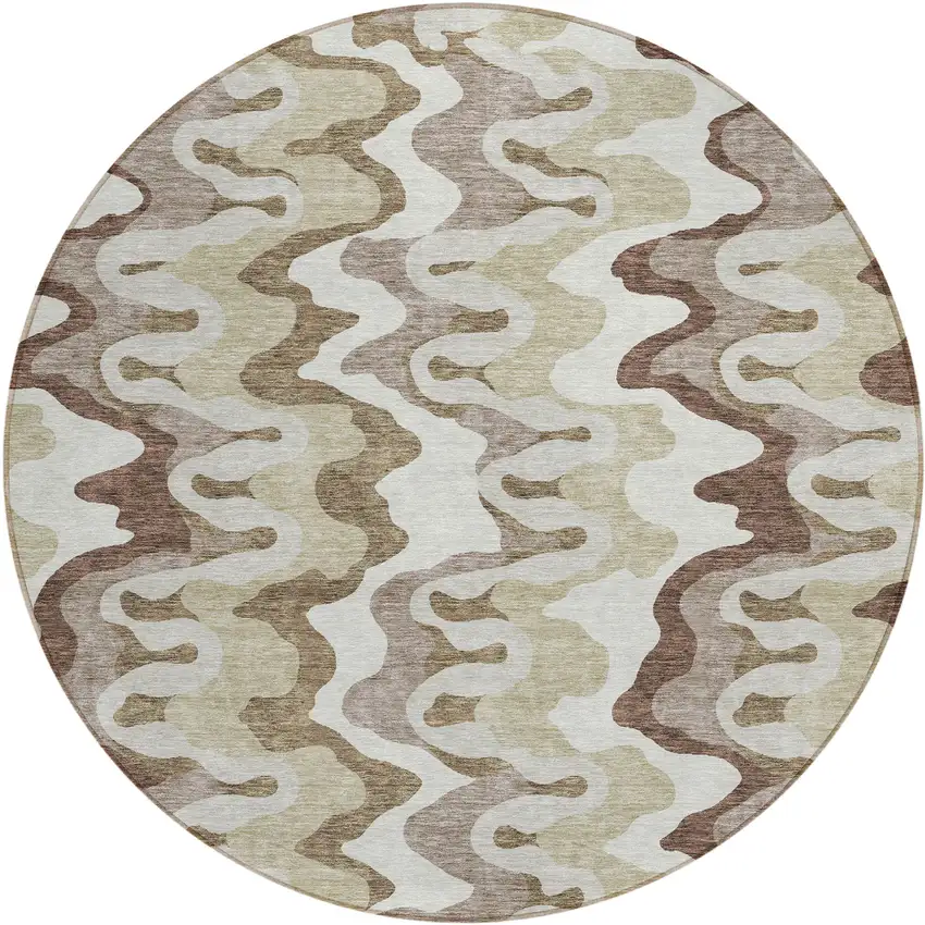 8' Beige Brown And Taupe Round Abstract Washable Indoor Outdoor Area Rug Photo 1