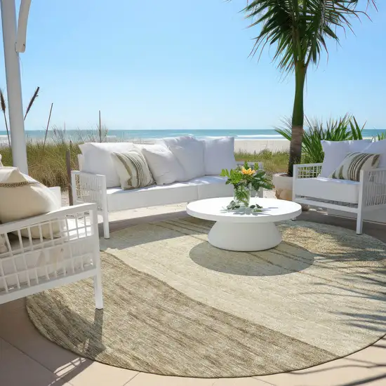 8' Beige Brown And Taupe Round Striped Washable Indoor Outdoor Area Rug Photo 6