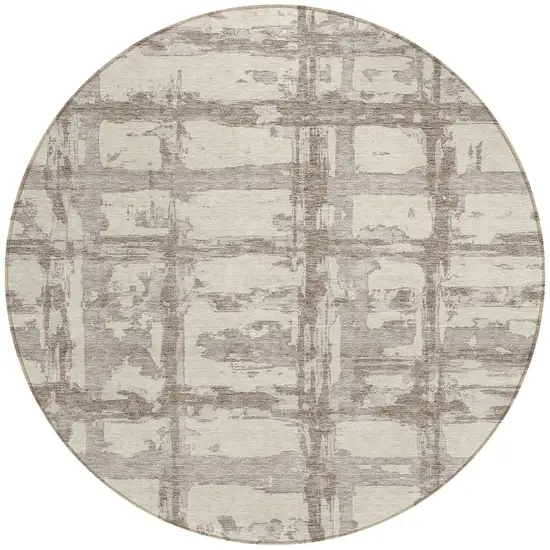 8' Beige Brown And Taupe Round Striped Washable Indoor Outdoor Area Rug Photo 4