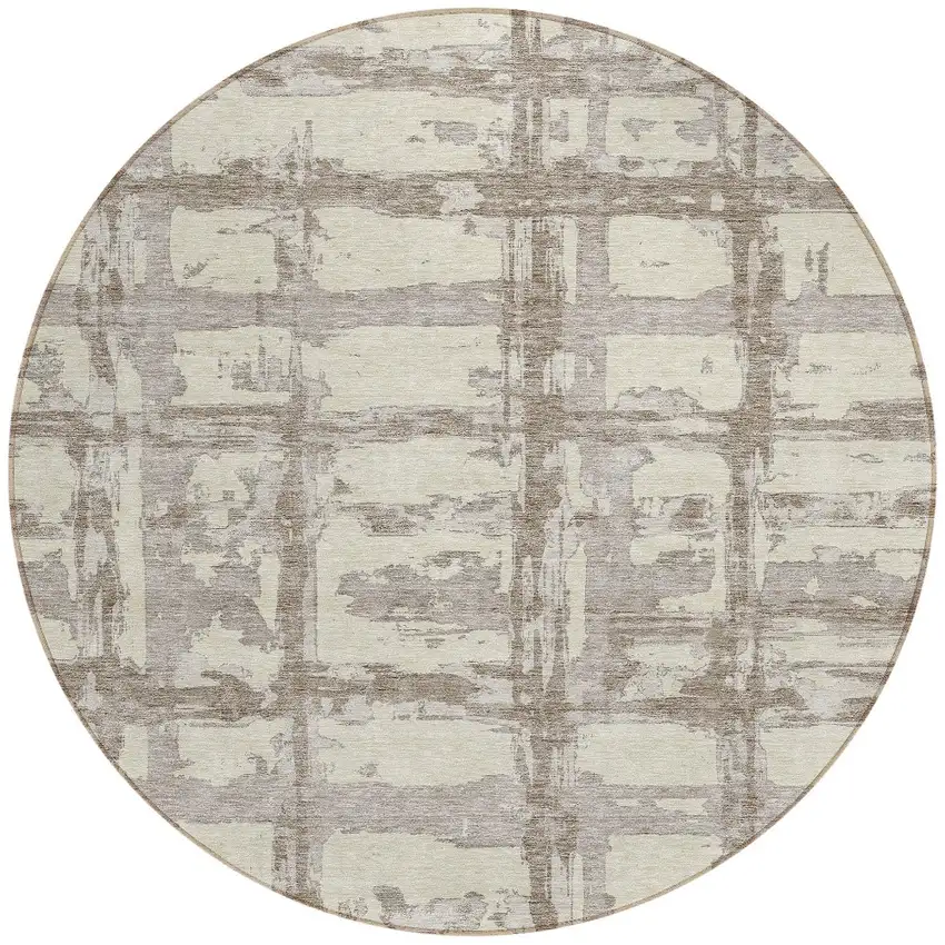 8' Beige Brown And Taupe Round Striped Washable Indoor Outdoor Area Rug Photo 4