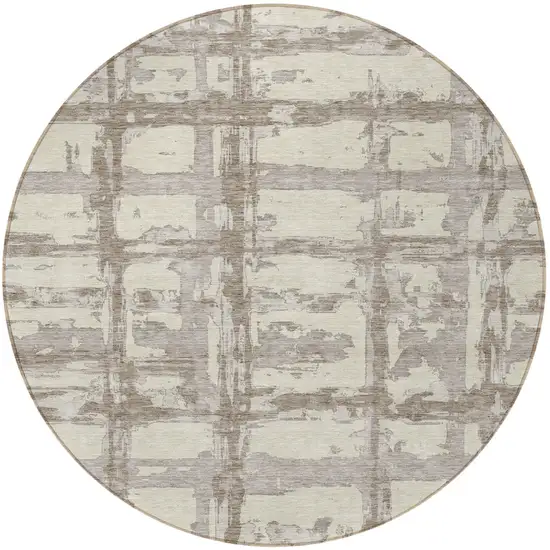 8' Beige Brown And Taupe Round Striped Washable Indoor Outdoor Area Rug Photo 5