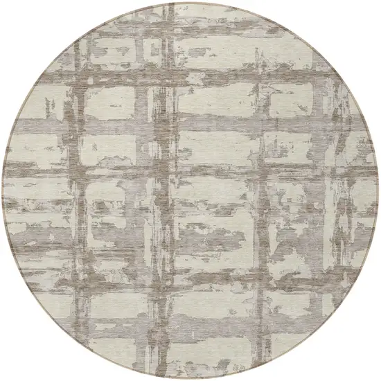 8' Beige Brown And Taupe Round Striped Washable Indoor Outdoor Area Rug Photo 5