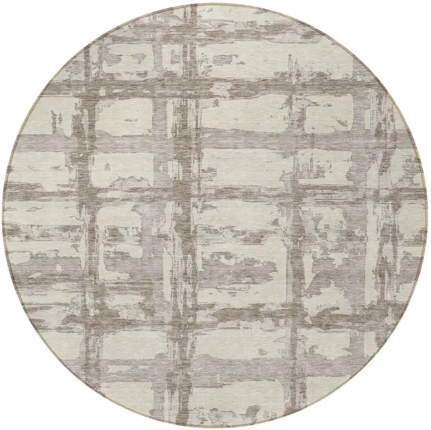 8' Beige Brown And Taupe Round Striped Washable Indoor Outdoor Area Rug Photo 5