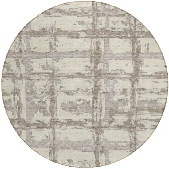 8' Beige Brown And Taupe Round Striped Washable Indoor Outdoor Area Rug Photo 1