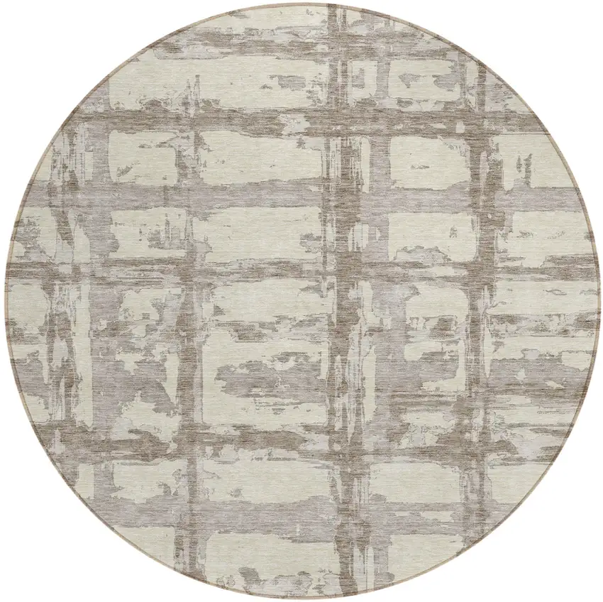 8' Beige Brown And Taupe Round Striped Washable Indoor Outdoor Area Rug Photo 1