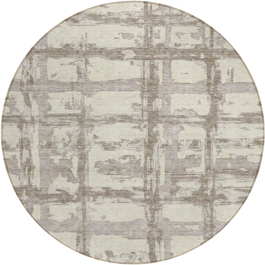 8' Beige Brown And Taupe Round Striped Washable Indoor Outdoor Area Rug Photo 1