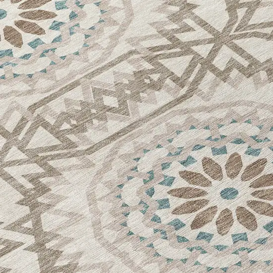 8' Beige Brown And Teal Blue Round Floral Medallion Washable Indoor Outdoor Area Rug Photo 4
