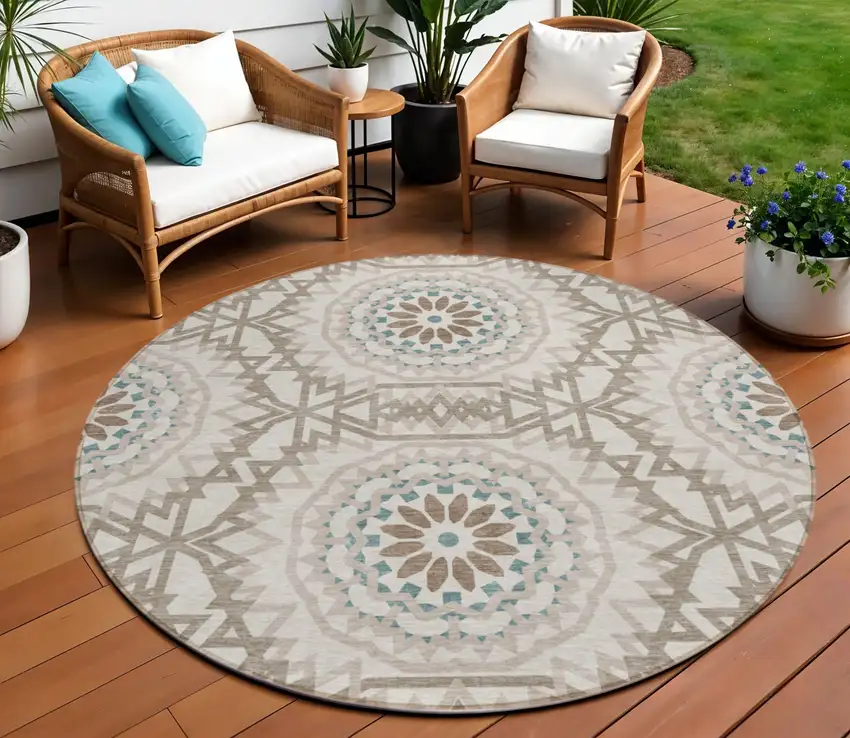 8' Beige Brown And Teal Blue Round Floral Medallion Washable Indoor Outdoor Area Rug Photo 1