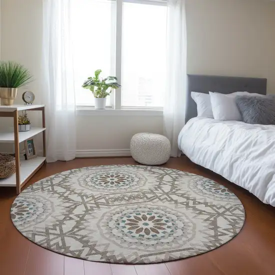 8' Beige Brown And Teal Blue Round Floral Medallion Washable Indoor Outdoor Area Rug Photo 7