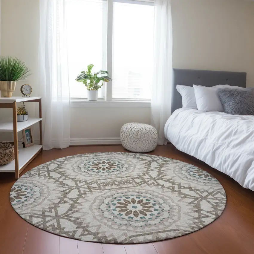 8' Beige Brown And Teal Blue Round Floral Medallion Washable Indoor Outdoor Area Rug Photo 7