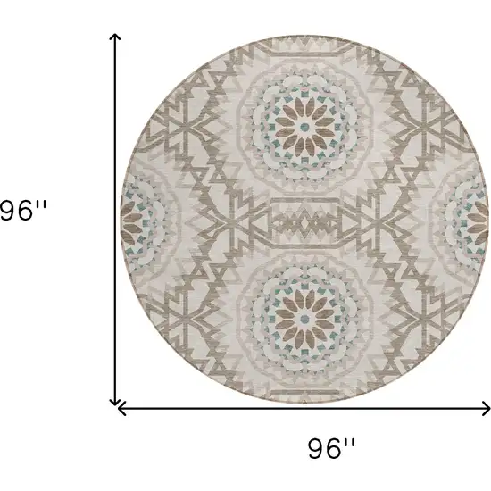 8' Beige Brown And Teal Blue Round Floral Medallion Washable Indoor Outdoor Area Rug Photo 3