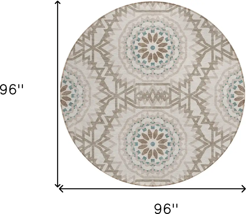 8' Beige Brown And Teal Blue Round Floral Medallion Washable Indoor Outdoor Area Rug Photo 3
