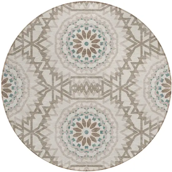 8' Beige Brown And Teal Blue Round Floral Medallion Washable Indoor Outdoor Area Rug Photo 2