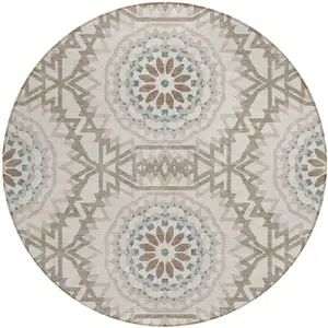 Photo of 8' Beige Brown And Teal Blue Round Floral Medallion Washable Indoor Outdoor Area Rug