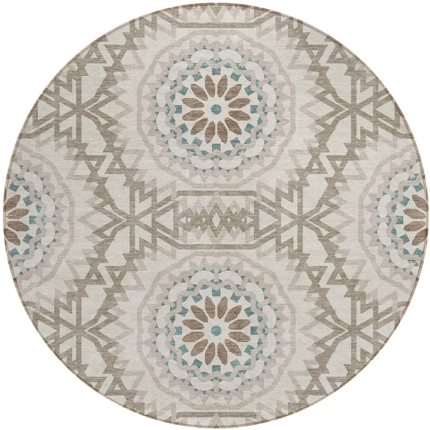 8' Beige Brown And Teal Blue Round Floral Medallion Washable Indoor Outdoor Area Rug Photo 2