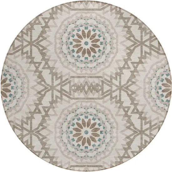 8' Beige Brown And Teal Blue Round Floral Medallion Washable Indoor Outdoor Area Rug Photo 2
