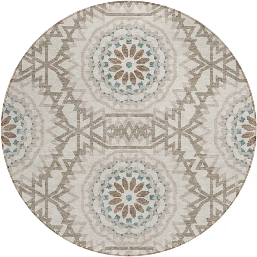 8' Beige Brown And Teal Blue Round Floral Medallion Washable Indoor Outdoor Area Rug Photo 2