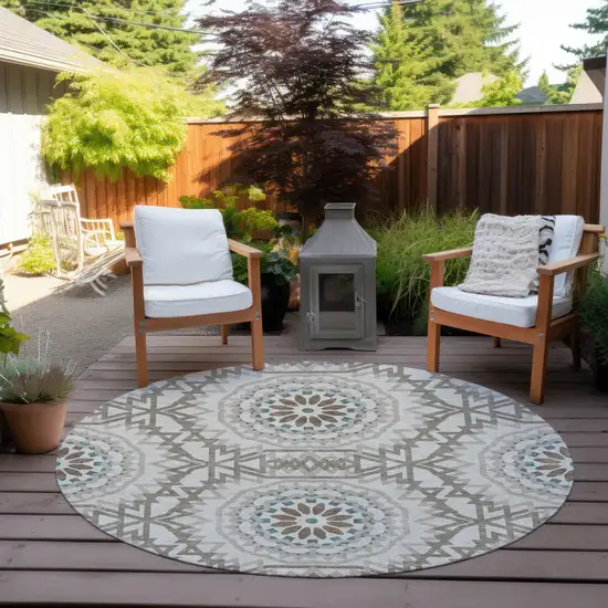 8' Beige Brown And Teal Blue Round Floral Medallion Washable Indoor Outdoor Area Rug Photo 6