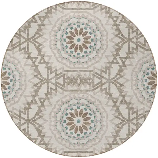 8' Beige Brown And Teal Blue Round Floral Medallion Washable Indoor Outdoor Area Rug Photo 5