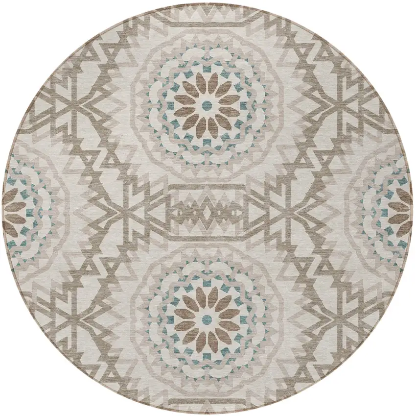 8' Beige Brown And Teal Blue Round Floral Medallion Washable Indoor Outdoor Area Rug Photo 5