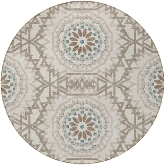 8' Beige Brown And Teal Blue Round Floral Medallion Washable Indoor Outdoor Area Rug Photo 5
