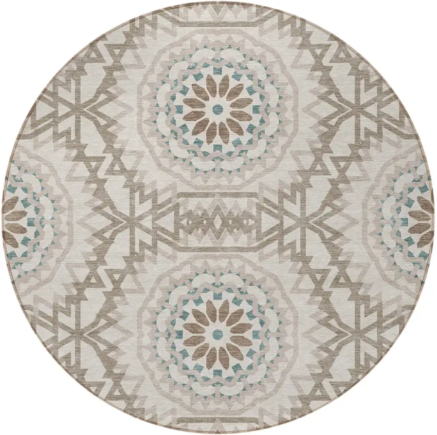 8' Beige Brown And Teal Blue Round Floral Medallion Washable Indoor Outdoor Area Rug Photo 5