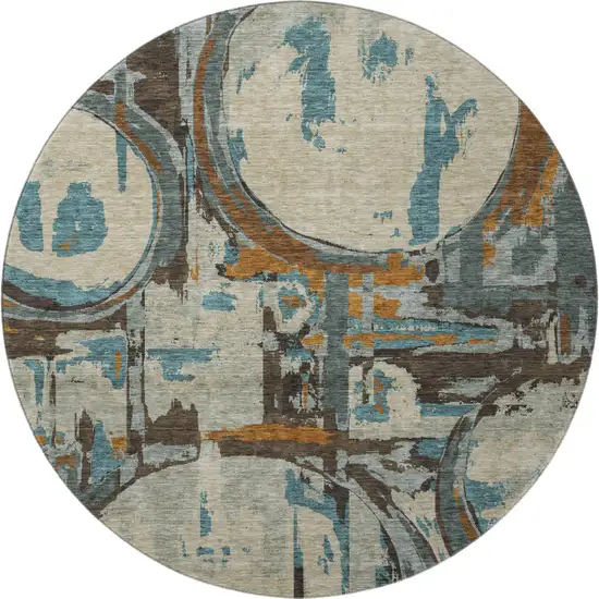 8' Beige Brown And Teal Geometric Washable Round Rug With UV Protection Photo 3