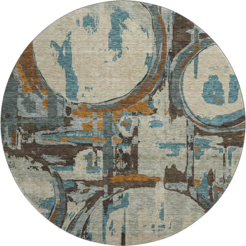 8' Beige Brown And Teal Geometric Washable Round Rug With UV Protection Photo 1