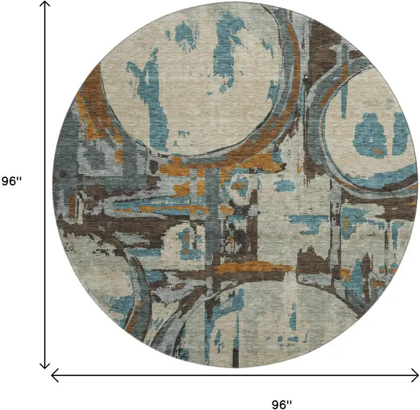 8' Beige Brown And Teal Geometric Washable Round Rug With UV Protection Photo 9